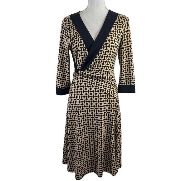 BCBG Maxazria Dress Tan and Black Geometric Mod Draped Neckline Size XS - Picture 1 of 10